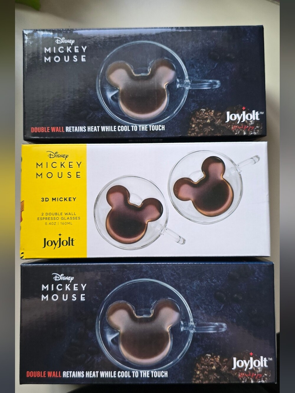 Disney Mickey Mouse 3D Double Wall Espresso Glasses - Clear/Brown 6 In Total